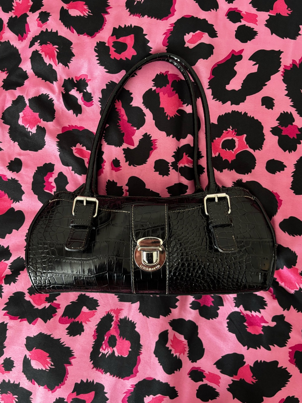 Liz Claiborne Black Croc-Embossed Shoulder Bag with Silver Turn-Lock